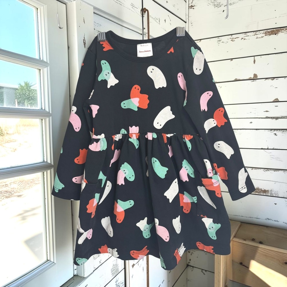 Dress Hanna Andersson 3T Black 100% Cotton Ghost Print Long Sleeve Pocket